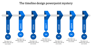 Blue vertical ribbons linked to circular markers on a horizontal gray line, showing a sequence of years from 2014  to 2020.