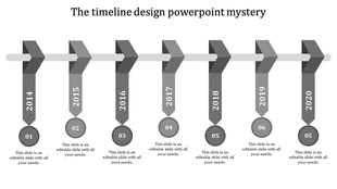 Monochrome timeline from 2014 to 2020 with downward arrows connecting to numbered circles and caption areas.