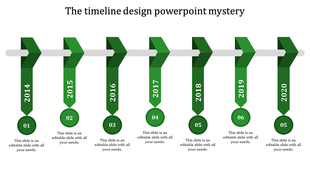 Timeline PowerPoint template with green arrows and numbered years from 2014 to 2020, with space for content.