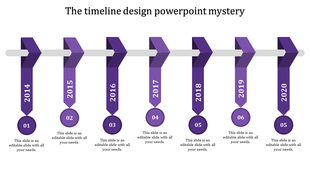 Purple gradient timeline design with arrows and circles marking years 2014 to 2020 along a horizontal line.