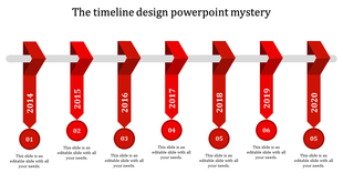 Timeline PowerPoint template with red arrows and numbered years from 2014 to 2020, with space for content.