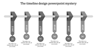 Gray themed timeline with vertical arrow markers labeled 2015 to 2020, connected to circular year icons below.