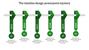 Timeline with green arrow ribbons for years 2015 to 2020 connected to circular numbered nodes below.