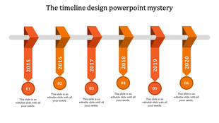 Timeline design PowerPoint slide featuring six orange years from 2015 to 2020 with labels and descriptions.