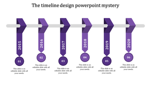 Purple timeline design with six vertical arrows descending from a horizontal bar, each linked to year markers.
