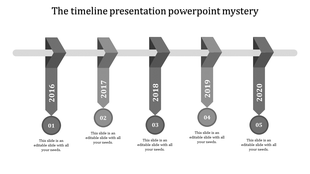 Timeline PowerPoint template with grey arrows representing the years 2016 to 2020, each with placeholders for content.