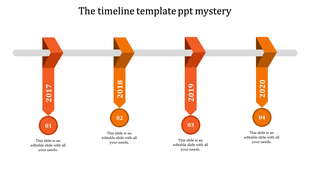 Four orange ribbon markers hanging from a gray timeline bar, each representing a year from 2017 to 2020.