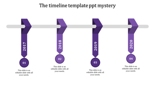 Horizontal timeline with purple arrows from 2017 to 2020, each connected to numbered circles 01 to 04.