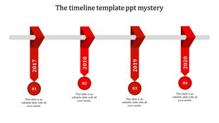 Red PowerPoint slide featuring a timeline for 2017 to 2020 with corresponding captions with placeholder text.