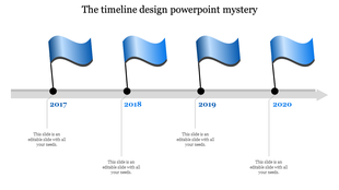 Horizontal timeline with four blue milestone flags marking years 2017 to 2020 on a gray arrowed path.
