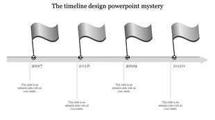 Monochrome timeline with silver flags marking milestones from 2017 to 2020 placed in a white background.