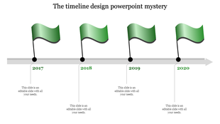 Green flag timeline showing years 2017 to 2020 on a gray horizontal arrow with placeholders text areas.