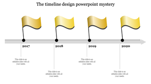 Timeline with four golden flags marking milestones from 2017 to 2020, with placeholder text areas.