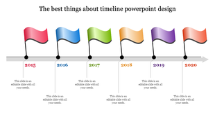 Six step timeline with gradient flags in red, blue, green, orange, purple, and red, connected by black markers.