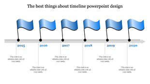 Timeline PowerPoint design with six blue flags for 2015 to 2020, each with a caption.