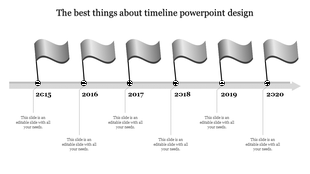 Horizontal timeline with six gray milestone flags marking years 2015 to 2020 on a metallic arrowed path.