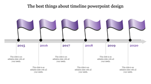 Six step purple timeline with waving flags, black connectors, and milestone markers along a horizontal bar.