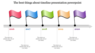 Vibrant flag timeline with milestones from 2016 to 2020 on a horizontal arrow, connected by lines for a sequential layout.