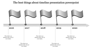 Timeline with gray flags for years 2016 to 2020 on an arrowed horizontal line with captions areas below.
