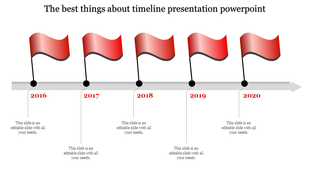 Timeline PowerPoint template with five red flags representing the years 2016 through 2020 with placeholder text.