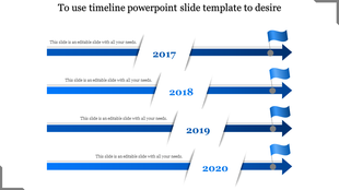 Timeline with blue arrows and gradient flags pointing to years 2017, 2018, 2019, and 2020 each with caption areas.