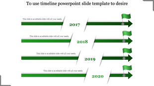 Four step green timeline with horizontal arrows, milestone flags, and year labels from 2017 to 2020 on a white background.