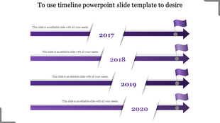Purple themed PowerPoint timeline template with milestones for 2017 to 2020, each marked with an arrow and flag icon.