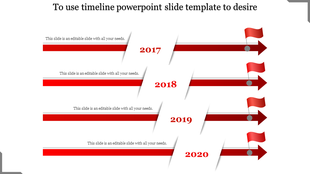 Horizontal timeline design with red gradient arrows, labeled milestones, and flag indicators for 2017 to 2020.