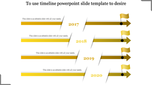 Timeline with arrows and yellow flags and placeholder text areas pointing to years 2017, 2018, 2019, and 2020.