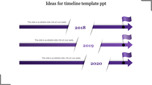 Purple themed horizontal timeline with three arrows, flags, and text boxes for years 2018, 2019, and 2020.