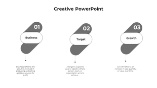 Creative timeline with three gray rounded shapes numbered 01 to 03, showing steps Business, Target, and Growth.