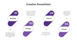 Creative slide design featuring a stepwise purple and white layout with four numbered sections and descriptions.