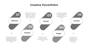 Grayscale creative slide with five rounded diagonal shapes numbered sequentially, each with a white text box.
