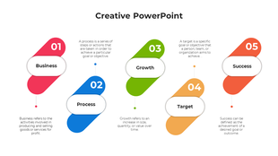Creative PPT with five colored key business stages from Business to Success, each with an explanatory description.