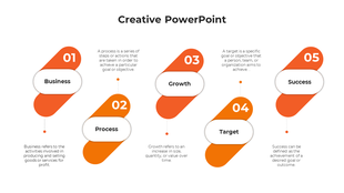 Creative PowerPoint presentation showing the orange steps of business strategy from Business to Success, with descriptions.
