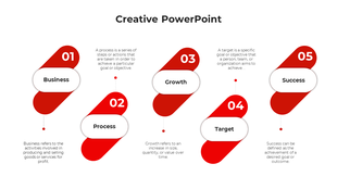 Creative slide design with five slanted red elements featuring white labels and captions, arranged in a linear format.