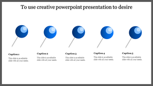 Slide with five blue pushpin illustrations aligned horizontally, each paired with captions below for descriptions.