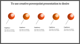 Creative slide showing five yellow pushpins with shadows and corresponding captions areas placed in white background.