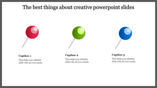 Creative slide showing five orange pushpins with shadows and corresponding captions areas placed in white background.