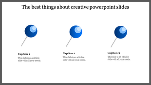 Creative slide with three blue pushpin icons, each labeled with a caption, on a white background.