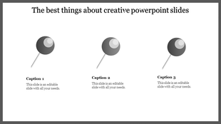 Horizontal layout for creative slide of glossy purple pushpins with reflective highlights and text captions.