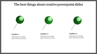 Creative PowerPoint template with three green pushpins and captions for various content.