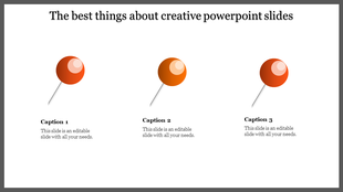Creative template featuring three orange pushpins with captions underneath, framed by a dark border.