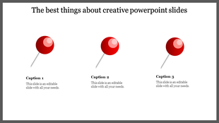 Creative PowerPoint template with three red pushpins and captions for various content.