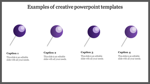 Creative template showing four purple pins with shadows and captioned text below placed in white background.