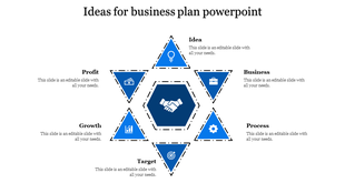 A blue hexagonal business concept diagram with six surrounding triangles labeled with business related aspects.