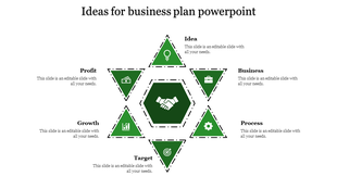 Business plan PPT slide with interconnected green triangle elements from ideas to profit with icons and placeholder text.