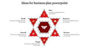 Business plan PPT slide with interconnected red triangle elements from ideas to profit with icons and placeholder text.