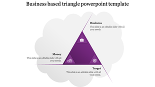 Triangular business template in purple with labeled sections for Money, Business, and Target against a gray cloud background.