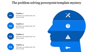 Layered orange head illustration with icons representing problem solving stages tools, inquiry, warning, and key.